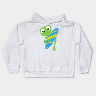 Cute Frog, Little Frog, Green Frog, Surfing Board Kids Hoodie